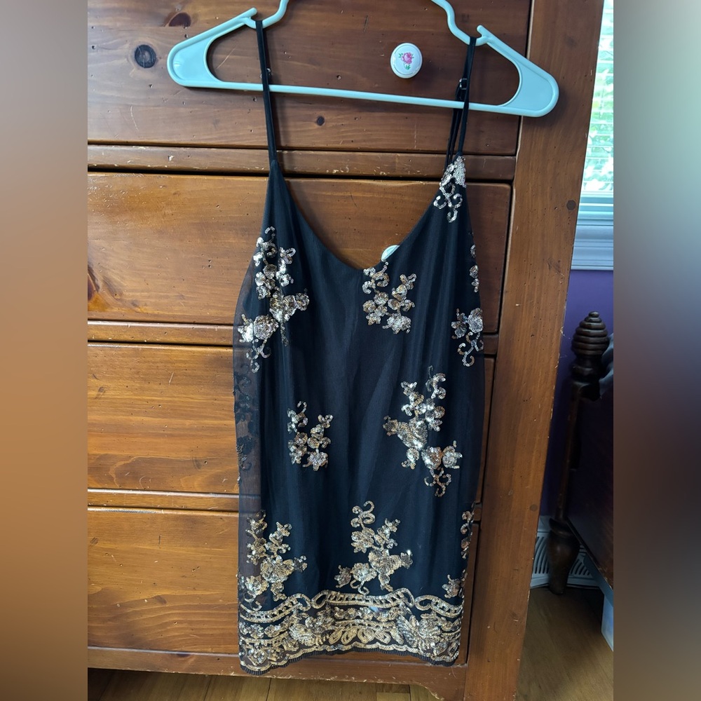 About a Girl Black and Gold Embellished Tank Top, size M